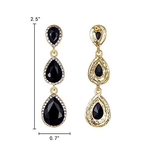 EleQueen Women's Crystal Teardrop Pear Shape 2.5 Inch Long Earrings | Dangle Earrings for Women, TearDrop Crystals Earrings for Bride Bridesmaid, Prom Jewelry for Wedding - color: Gold-Tone Black
