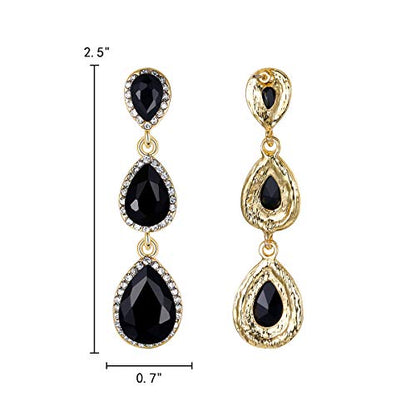 EleQueen Women's Crystal Teardrop Pear Shape 2.5 Inch Long Earrings | Dangle Earrings for Women, TearDrop Crystals Earrings for Bride Bridesmaid, Prom Jewelry for Wedding - color: Gold-Tone Black