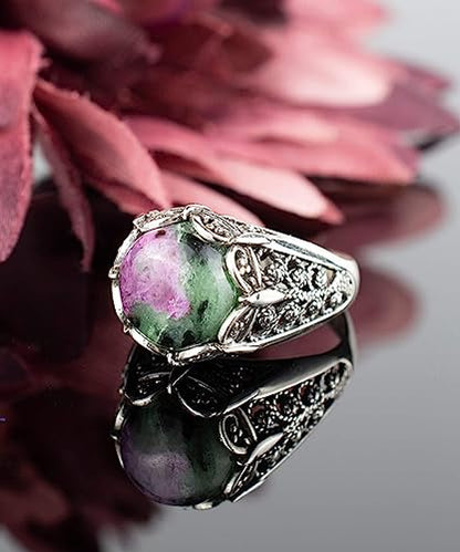 Filigranist 925 Sterling Silver Filigree Art Women Mini Dome Cocktail Ring with Gemstone, Gift Boxed - color: Ruby Zoisite