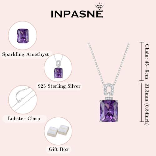Emerald Cut Birthstone Necklace for Women 925 Sterling Silver | Baguette Birthstone Pendant Necklace, Jewelry for Mom Wife - color: Purple