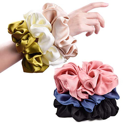 Big Real Silk Scrunchies for Women 6.3Inches Large Scrunchie Satin Oversized Silk Thick Elastic Hair Ties Jumbo Hair Scrunchies 6 Pack (Black,White,Pink, Champagne,Navy,Yellow) - color: Black, White, Pink, Champagne, Navy, Yellow, size: 1 Count (Pack of 6