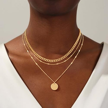 Layered Gold Silver Necklaces for Women, Stackable Stack 14K Real Gold Plated Silver Chain Necklace Diamond Circle CZ Layering Pendant Necklaces Trendy Gold Jewelry Set Gifts - color: gold, style: 3PC-Coin