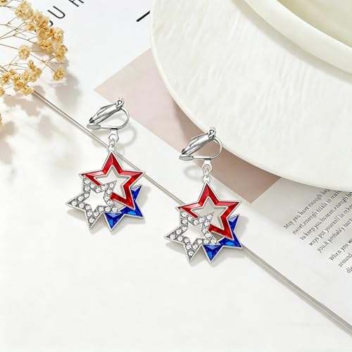 4th of July Independence Day Clip on Earring for Women American Flag Dangle Earrings Patriotic Red White Blue USA Earring, Pave Crystal Stud - color: Blue star