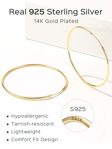 ChicSilver 925 Sterling Silver Hoop Earrings for Women Hypoallergenic, Lightweight Large Gold Plated Silver Hoop Earrings, Endless Hoops Earring 20/30/40/50/60/70MM - color: A. High Polished Gold, size: 70mm