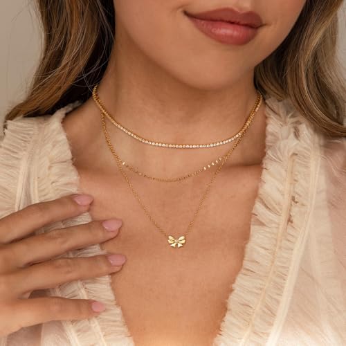Thaivor Necklace for Women Dainty Bow Necklace 14K Gold Plated Cute Choker Small Pendant Charm Necklaces Teen Gift Trendy Stuff Personalized Jewelry Gifts - color: Gold-Cable-3