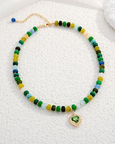 Boho Beaded Choker Necklaces for Women with A Gold Heart CZ - color: Green