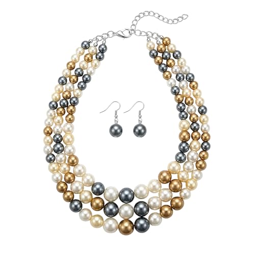 Simulated Pearl Necklace & Earring Set, Multi Strand - color: Brown + Grey Mix