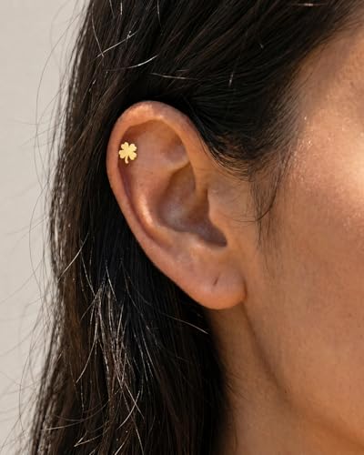 Flat Back Earrings for Women Cartilage Helix | Comfortable Dainty Cute Dragon Bee Bird Phoenix Dragonfly Cute Animal Leaf Spiral Rhombus Design Flatback Stud Earrings - color: gold clover