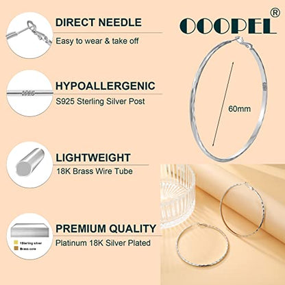 Sterling Silver Hoop Earrings - Diamond-Cut Circle Hoops, Hypoallergenic, 3mm Thin, Oversize 20/30/40/50/60mm - color: Silver,60mm