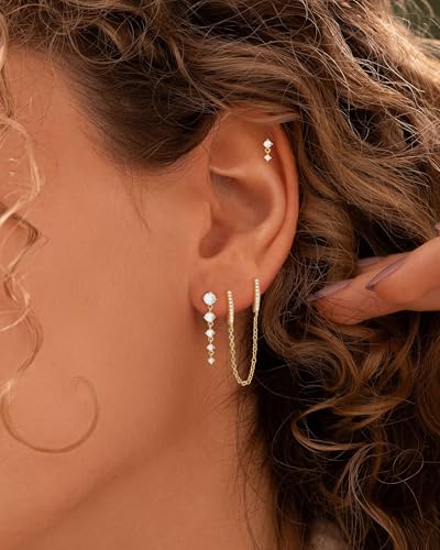 Gold Silver Earrings for Women Trendy 14K Gold Plated Dangle Hypoallergenic Cartilage Earrings Small 925 Sterling Silver Post Dainty Hoop Drop Pearl Earring Stacks Set Huggie Chain Earrings Jewelry - color: E-Chain Earrings-Gold
