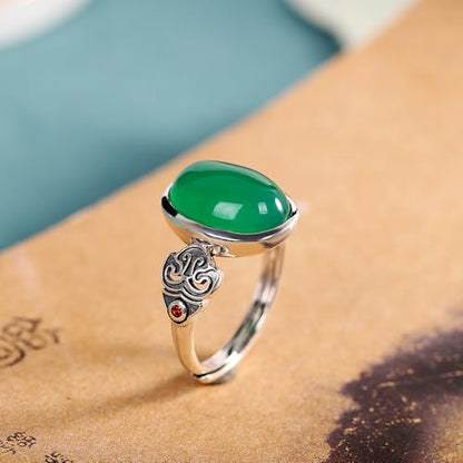 Vintage Green Jade Cocktail Rings for Women Oxidized Silver Faux Gemstones Crystal Adjustable Ring Midi Finger Band Retro Aesthetic Wedding Statement Ring Fashion Mother Banquet Jewelry