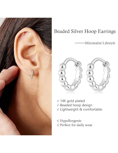 Fiusem 14K Gold Plated Huggie Hoop Earrings for Women | 8/10/12 Hypoallergenic Small Twisted beaded Huggie Earrings - color: Silver Bead, size: 12MM