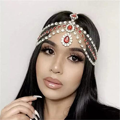 Bohemian Full Rhinestone Chain Red Crystal Head Chain Clip Drop Pendant HeadPieces Forehead Headband Hair Accessories for Wedding Brides Party Prom Costume (Gold Red) - color: Gold Red