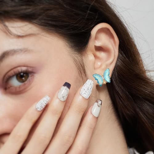 YOQUCOL Butterfly Shape Crystal Clip On Earrings Non Pierced Golden Stud for Women - color: Light Blue