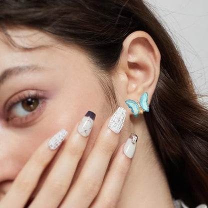YOQUCOL Butterfly Shape Crystal Clip On Earrings Non Pierced Golden Stud for Women - color: Light Blue