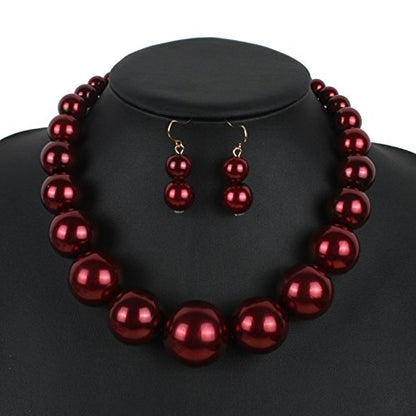 Fuqimanman2020 Chunky Large Simulated Pearl Choker Necklace Drop Dangle Earrings Crystal Bib Big Round Beaded Strand Multicolor Costume Statement Wedding Jewelry Set for Women Brides - color: Wine Red