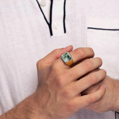 Square Cut Tiger Eye/Black Onyx/Turquoise/Lapis/Moss Agate Rings for Men 925 Sterling Silver 10K 14K 18K Gold Signet Rings for Men - style: Moss Agate