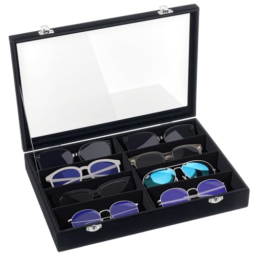 Emibele Glasses Organizer Jewelry Tray, 8 Grids with Clear Lid Velvet Tray Watch Storage Stackable Jewelry Showcase Display Storage with Detachable Inner Dividers, Black - style: I1- eight Grids with Lid-Black