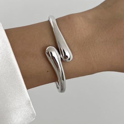 Gold Bracelets for Women Trendy Silver Bangle Cuff Bracelet Jewelry Gifts | Adjustable Size, 14K Gold Plated Chunky Bracelet - color: Silver-Chunky