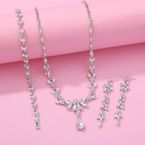 Paxuan Wedding Jewelry Sets for Bride Bridesmaid Bridal Jewelry Set for Women Wedding Crystal Necklace Earrings Bracelet Set for Party Prom Jewelry - color: White - Silver