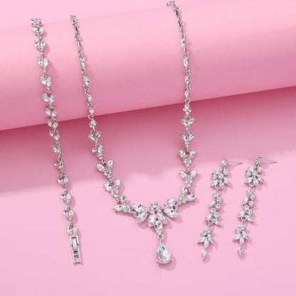Paxuan Wedding Jewelry Sets for Bride Bridesmaid Bridal Jewelry Set for Women Wedding Crystal Necklace Earrings Bracelet Set for Party Prom Jewelry - color: White - Silver
