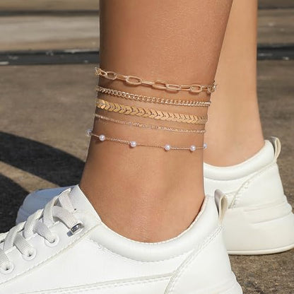 Fesciory 14K Gold Plated Ankle Bracelets Sets For Women, Adjustable Layered Infinite Anklet, Summer Beach Butterfly Star Foot Chain Jewelry Gifts - style: Pearl(Gold)