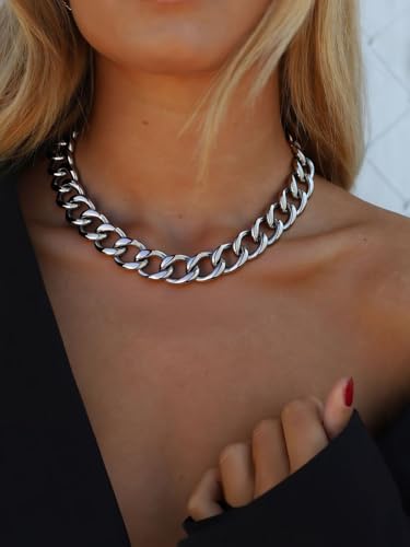 ChainsPro Cuban Link Chain for Women,Stainless Steel Chunky Necklace Silver/Gold Plated Thick Chain Choker, 12/16/20 mm Width,18" and 20" Punk Hip Hop Trendy Non Tarnish Jewelry Gifts - color: Silver, style: 16mm-18"