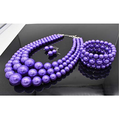 JNF Faux Pearl Statement Necklaces Big Beaded Necklace for Women Chunky Pearls Necklace and Earring Set Large beads Costume Necklace - color: Purple pearl necklace