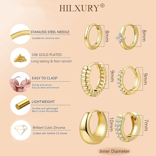 HILXURY 6 Pairs Small Gold Huggie Hoop Earrings for Women, 14K Gold Plated Cartilage Piercings Hoop Earrings Hypoallergenic, Trendy Lightweight Chunky Hoops Set for Women Gifts. - color: D- Gold