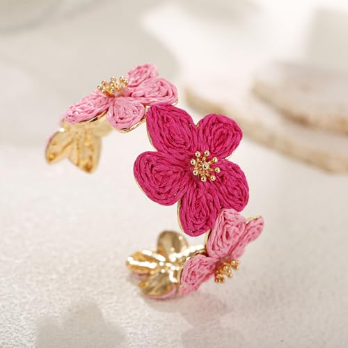 RUOFFETA Raffia Flower Cuff Bracelet for Women, Floral Chunky Bangle Wide Open Cuff Statement Bracelet - color: Hot Pink Ombre