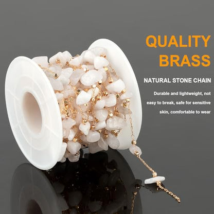 KYUNHOO Gold Plated Chain for Jewelry Making with Jump Rings Lobster Clasps | 16.4 Feet KC Gold Plated Brass Jewelry Chains White Handmade Raw Stone Chain Links on Roll for DIY Jewelry Crafts - color: Natural Stone-White