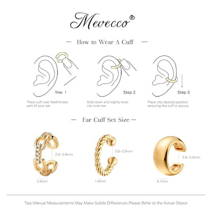 MEVECCO Ear Cuffs Non Piercing 18K Gold Plated Ear Cuff Earring Sets Clip on Cartilage Cubic Zirconia Pearl Minimalist Hypoallergenic Fake Hoop Earrings Stack Women Gifts - style: 3pcs-Chunky