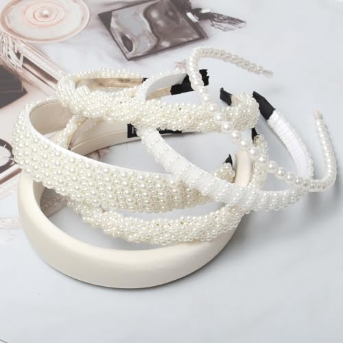 Cuizhiyu White Pearl Headbands for Women Girls Cute Pearl Dainty Headbands | Bling Faux Pearls Hairbands, Wedding Hair Accessories, Hair Hoop, Pearl Beaded Headband, White Padded Headbands,5 Pack - color: Color A