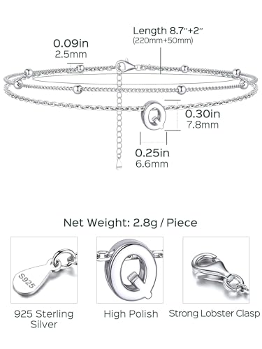ChicSilver Ankle Bracelets for Women Waterproof, 925 Sterling Silver Initial Anklets for Women, Adjustable Dainty Layered Anklet Beach Jewelry for Women Mom Wife Friend - style: Silver-Q