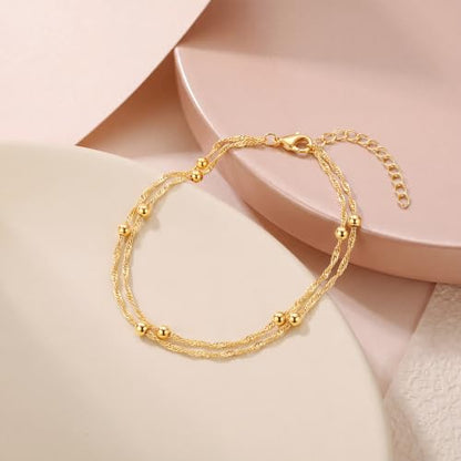 Dainty Layered Ankle Bracelets for Women Waterproof, 14K Gold/Silver Plated Anklets Beaded Satellite Chain Ankle Bracelet Set Trendy Beach Summer Fashion Jewelry Gift - style: Style 3