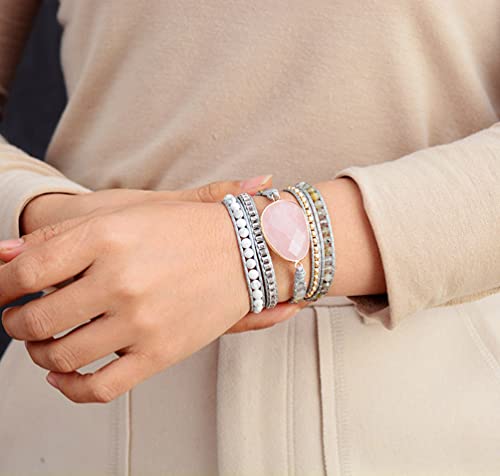 Women Wrap Bracelet Boho Natural Jasper Crystal Stone Beads Strand Bracelets - color: Style 04-Pink Quartz