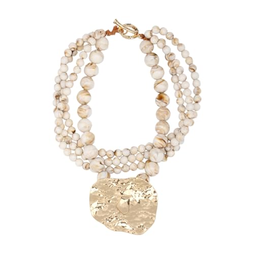 Multi Strand Bead Pendant Necklace for Women Stone Wood Pearl Jewelry | Gold Color Metal Charm Fashion Ethnic Tribal Elegant Statement - color: N1537-white