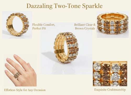 Sparkling Rhinestone Ring Set Trendy Elastic Rhinestone Crystal Stretch Ring Stackable Jewelry for Women Girls - color: 3 Rows Ring-Golden+White+Crystal Yellow