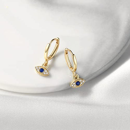 DAILY VIBES Cute Gold Mini Dangle Huggie Hoop Earrings for Women Trendy | 14K Gold Plated, Dainty Cubic Zirconia, Small Hoop Earrings with Charm Drop, Jewelry Gift for Women Ladies - color: Evil Eye CZ