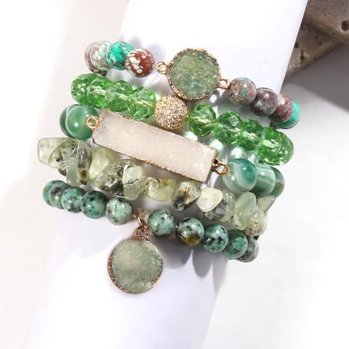 Yomisa 5PCS 6PCS Natural Boho Beaded Bracelets/Bangle for Women Men,Healing Turquoise Jasper Agate Crystal Gemstone Stone Chakra Multilayer Wrap Bohemian Handmade Jewelry Beads Stretch Bracelet Set - color: 5PCS-Green