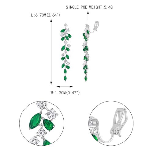 EVER FAITH Gorgeous Wedding Prom Jewelry Round Marquise Cubic Zirconia Teardrop Crystal Chandelier Bridal Dangle Clip on Earrings for Women Brides - color: Green Silver-Tone
