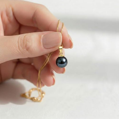 AAAA Black Japanese Akoya Cultured Pearl Pendant, Solitaire Style for Women, 14k White or Yellow Gold Plated Sterling Silver, 16-18" Box Chain, Gift Box & Certificate