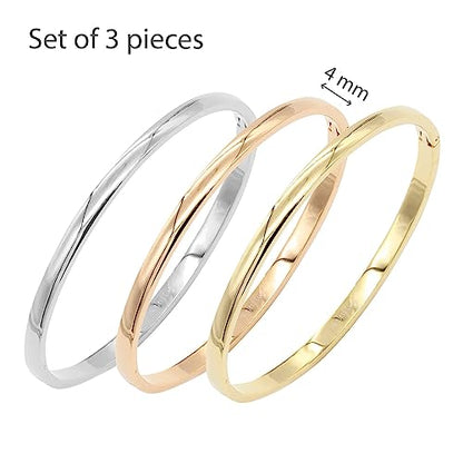 4 mm Width Stainless Steel Plain Bangle Polished Finish Oval Shape Classic 7 Inches Bracelet Silver Gold and Rose Gold 3 Pieces Set