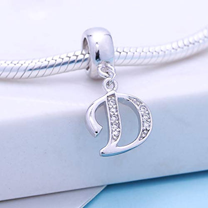 925 Sterling Silver Charms Alphabet Beads fit Pandora Charm Bracelets A-Z Letter Initial Spacer Dangle Clear CZ Stone Authentic for Snake Chain Bracelets - color: D