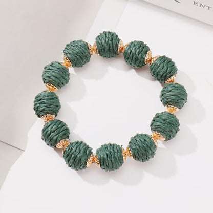 Coiris Rattan Raffia Woven Adjustable Boho Bracelet for Women | Handmade Bracelets Stretch Bracelet - color: Teal