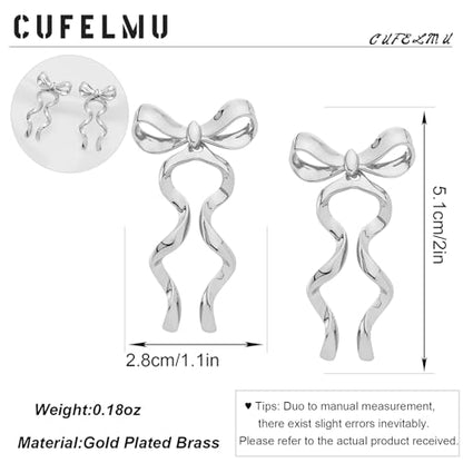 Gold Silver Bow Drop Earrings for Women Long Tassel Chain Bow Earrings Ribbon Bowknot Dangle Earrings Jewelry Gifts - color: Silver Bow D