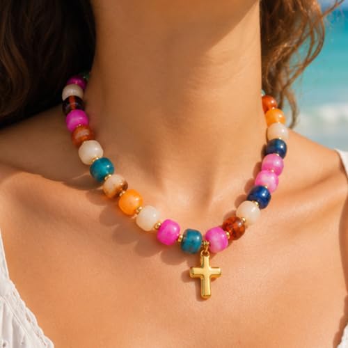 Colorful Resin Chunky Beaded Necklace for Women Modern Statement Choker Necklace with Gold Tone Cross Pendant Boho Summer Jewelry Gift - color: Multicolor-1