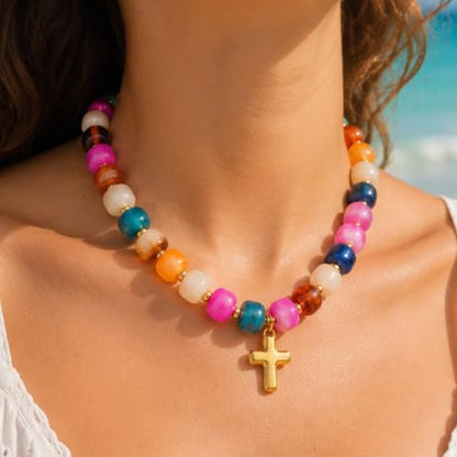 Colorful Resin Chunky Beaded Necklace for Women Modern Statement Choker Necklace with Gold Tone Cross Pendant Boho Summer Jewelry Gift - color: Multicolor-1