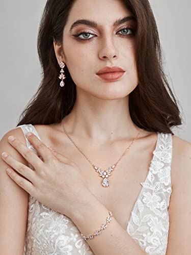 SWEETV Teardrop Wedding Bridal Jewelry Set for Brides Women Bridesmaid, Crystal Rhinestone Backdrop Necklace Earring Sets for Prom - color: 03.Rose Gold