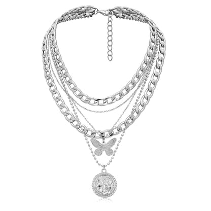 MJartoria Layered Necklaces for Women Trendy Retro Coin Pendant | Dainty Chunky Chain, Choker Necklaces, Jewelry Birthday Gifts - color: Silvery, style: A-X-Butterfly-5 in 1 Layered